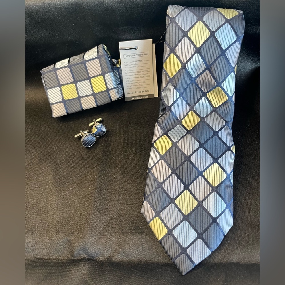 NWT-Silk Geometric Tie Set in Blue and Yellow